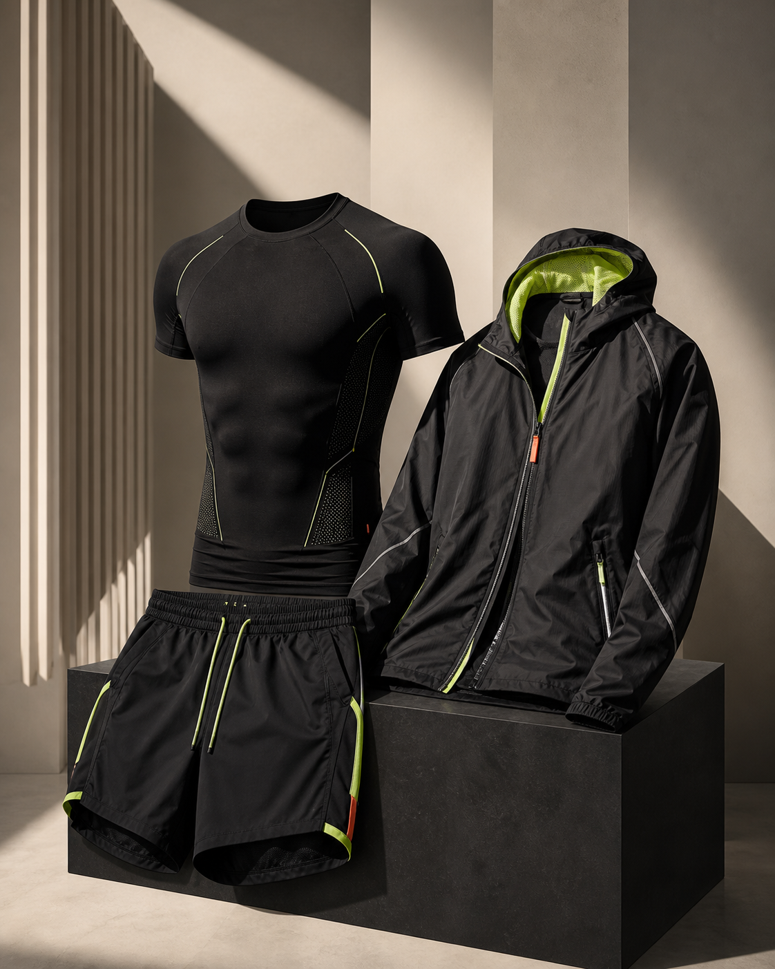 KINETIQ black performance shirt, shorts and running jacket concept